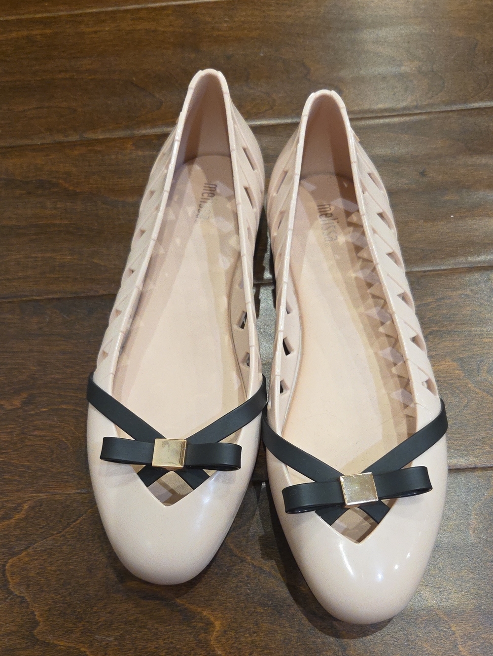 Melissa Women's Nude Pink Ballet Flats with Black Bow Accent